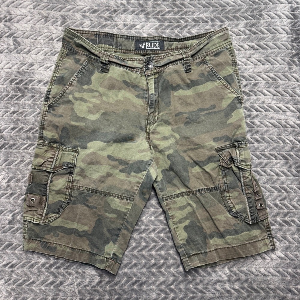 Rude Mens Green Camouflage Cargo Shorts‎ Size 30 Streetwear Grunge Camo (1415)